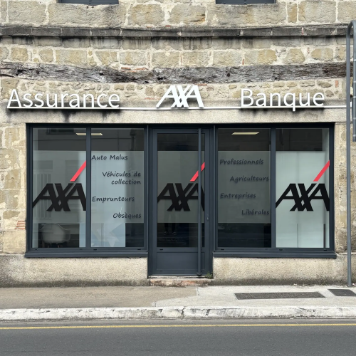 Vitrophanie aux couleurs d'une agence AXA assurance et banque