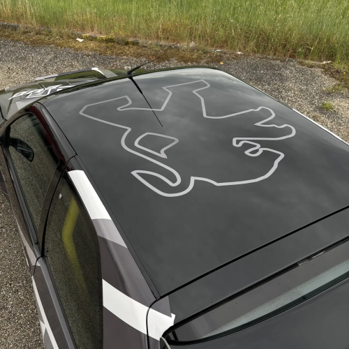 Détail du covering avec lion Peugeot détouré sur capot noir mat