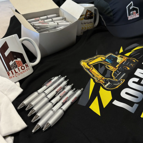 flocage personnalisé sur thsirt mug et stylos pour filion maçonnerie et loca tp